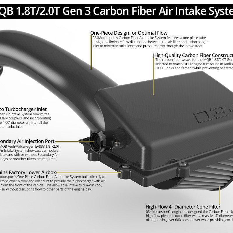 X34 Carbon Fiber MQB Cold Air Intake System, 8V Audi A3/S3/Tt/Tts & MKVII Vw Golf/GTI/R & MKVII Vw Gli, 1.8T/2.0T Gen3
