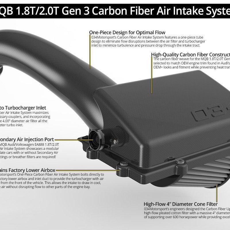 X34 Carbon Fiber MQB Open-Top Cold Air Intake System, 8V Audi A3/S3/Tt/Tts, MKVII Vw Golf/GTI/R & MKVII Vw Gli, 1.8T/2.0T Gen3